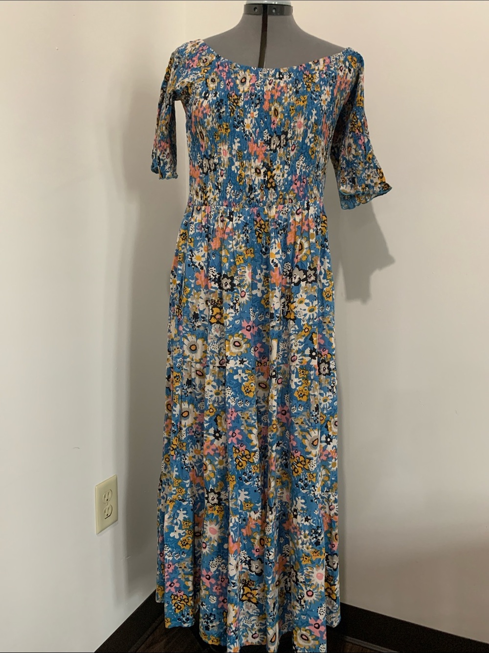 NATURAL LIFE Blue Floral Maxi Dress with Smocked Bodice “Daisy Dress”